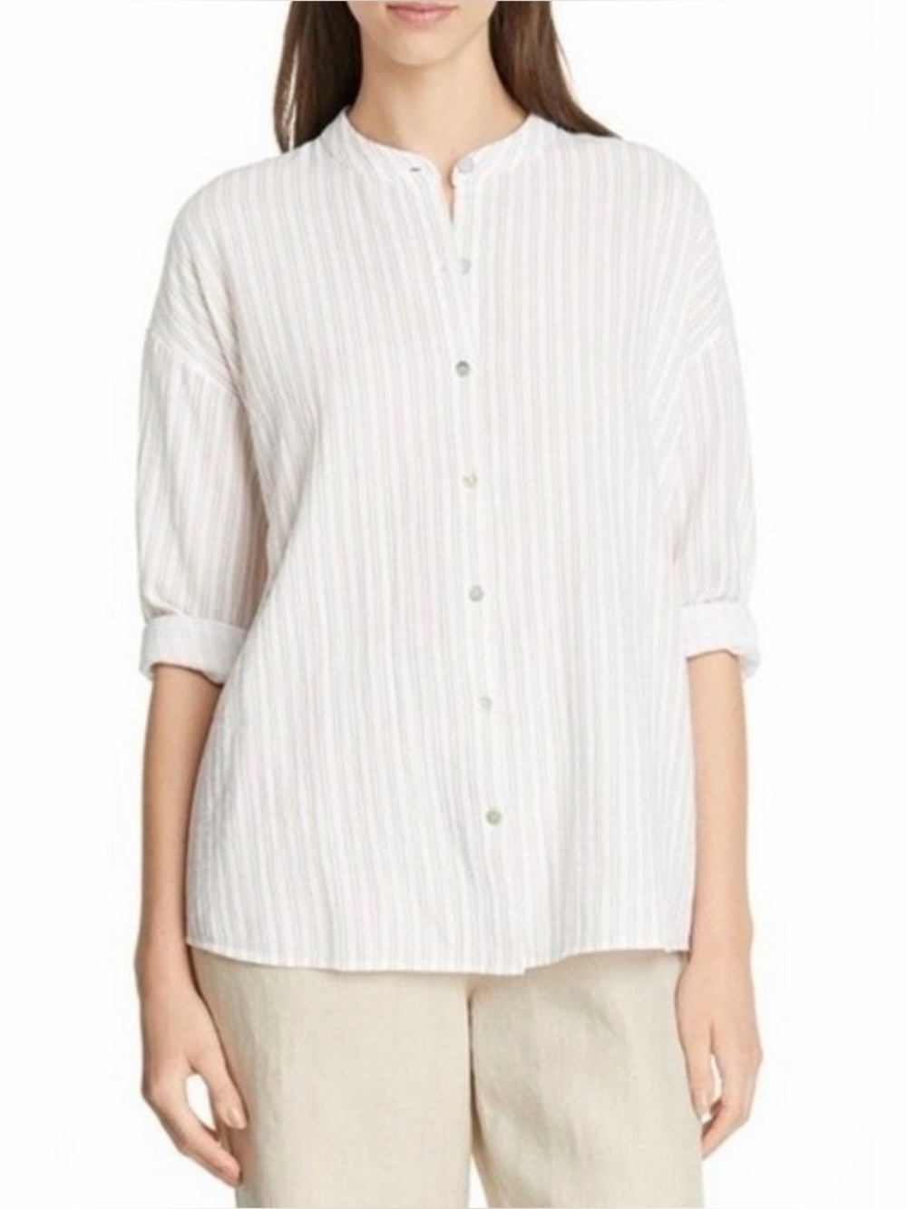 Organic Cotton Ripple Mandarin Collar Shirt Easy Fit, Long Length size M/L